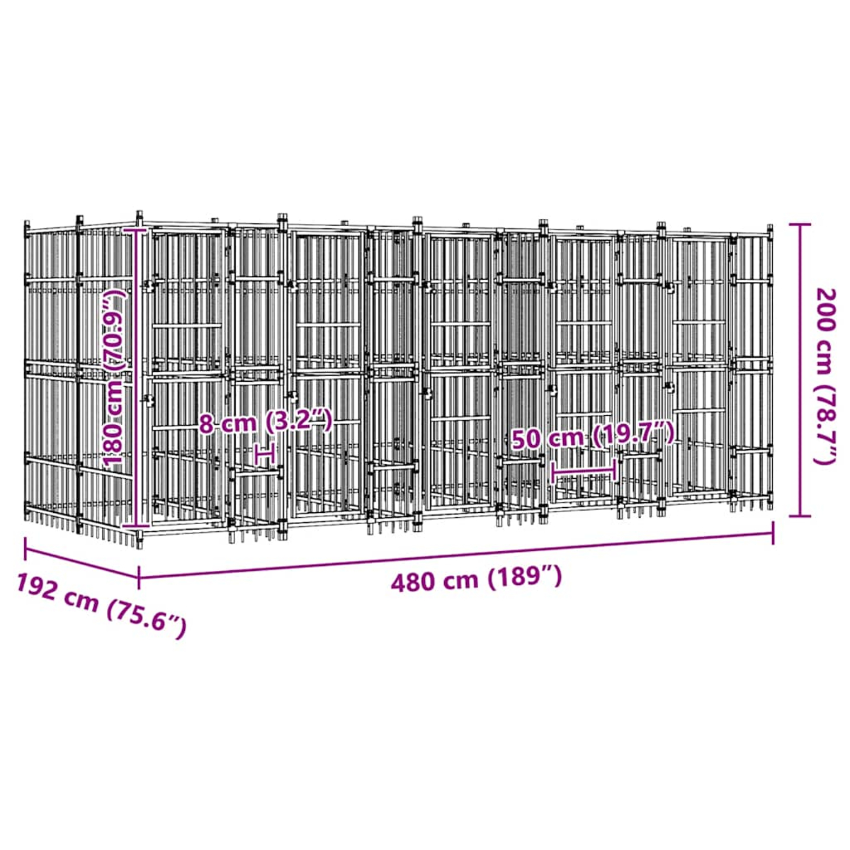 Diagramm einer langen Metallkäfig-/Regaleinheit mit mehreren Fächern und Maßen.