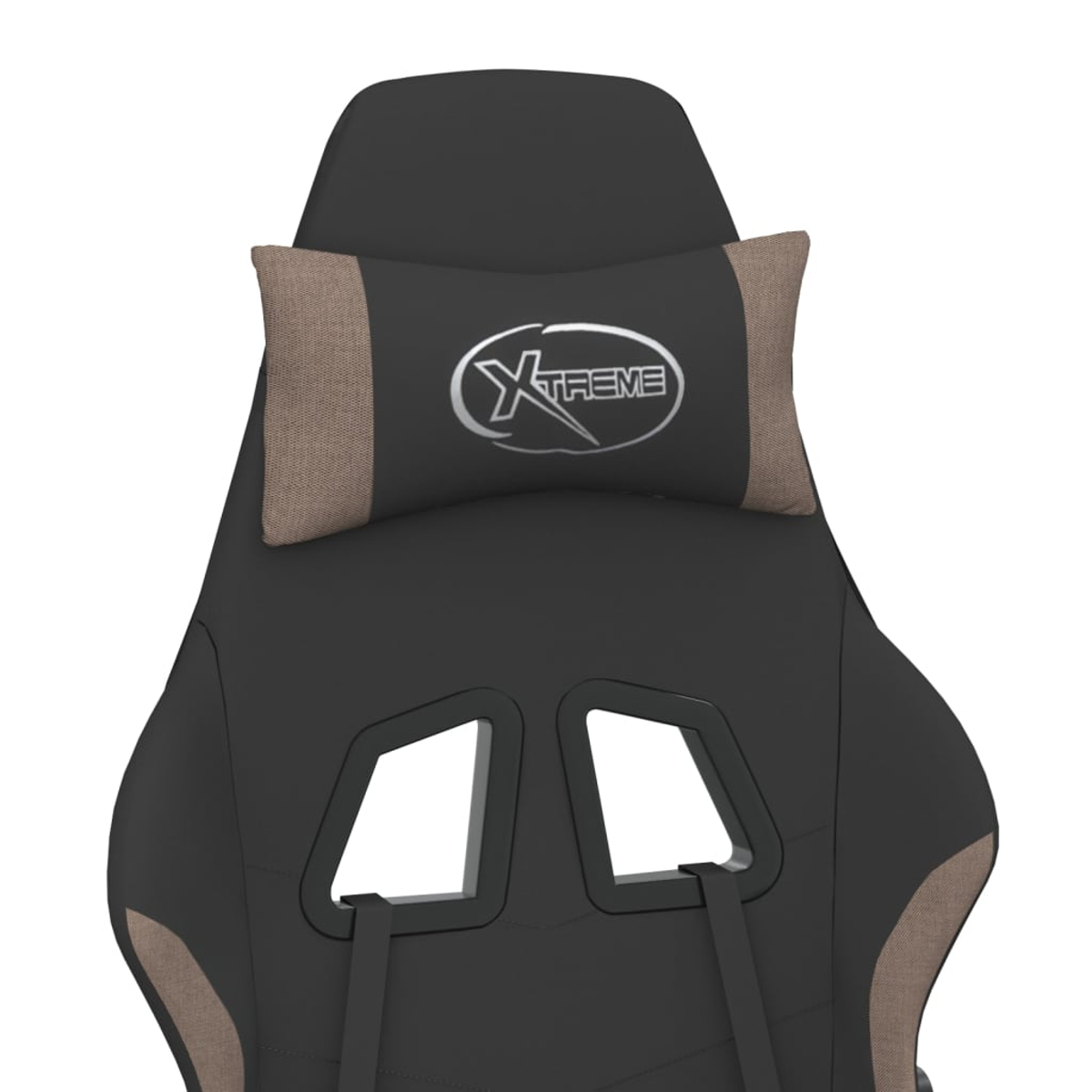 Schwarzer Gaming-Stuhl mit Lendenkissen und Logo, beige Akzente.