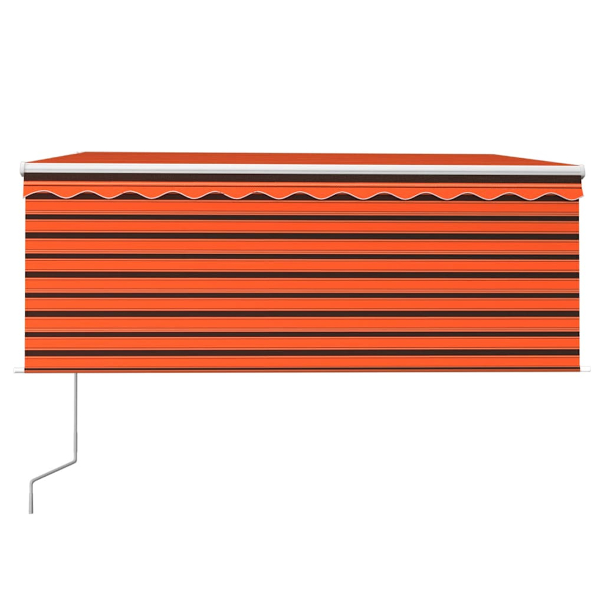 Orange und schwarze Streifen auf Markise mit Zickzack-Rand und Metallarm.