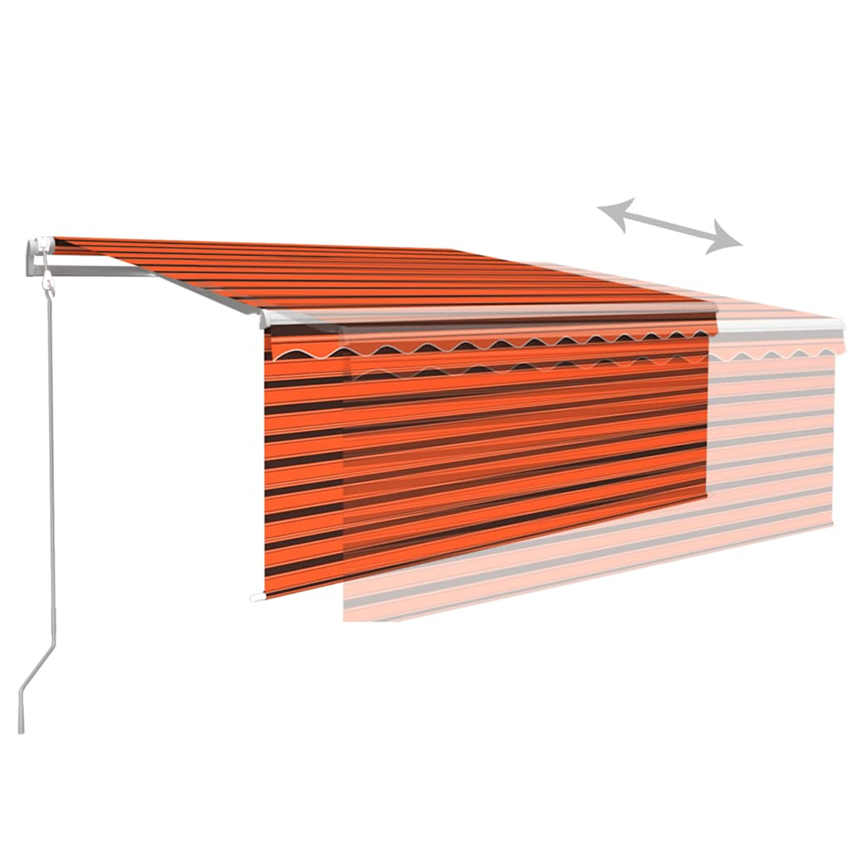 Ausgezogene Markise mit orange-schwarzen Streifen, zwei Pfeile zeigen Ausdehnung.