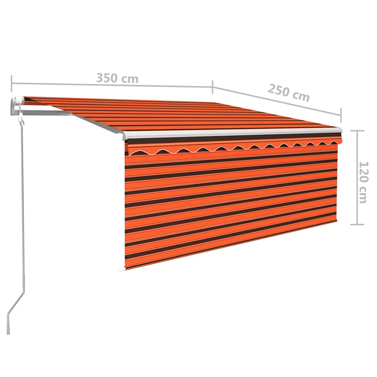 Ein ausgefahrener Markisenstoff mit orange-schwarzen Streifen. Maße: 350x250x120 cm.