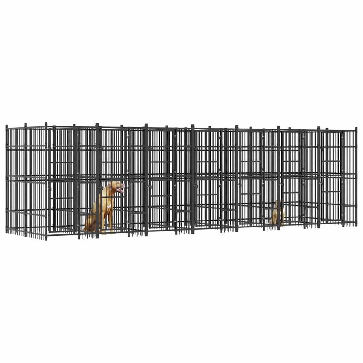 Ein Hund sitzt in einem großen schwarzen Metallkäfig. Ein weiterer Hund ist weiter hinten.
