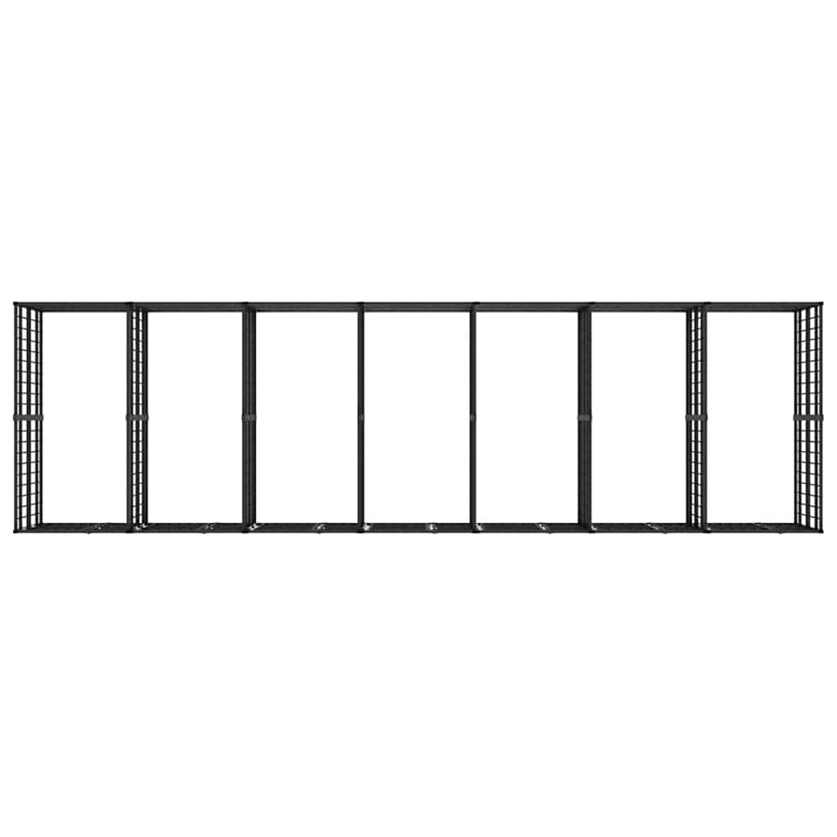 Ein langer schwarzer Metallkäfig mit mehreren Abschnitten und Gittern.