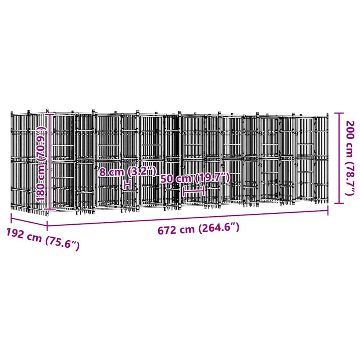 Diagramm einer langen, modularen Drahtregaleinheit mit Maßen in cm und Zoll.