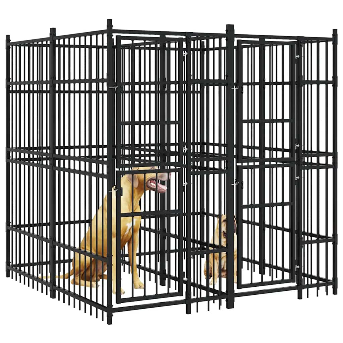 Zwei hellbraune Hunde in einem großen schwarzen Metallzwinger mit offenen Türen.