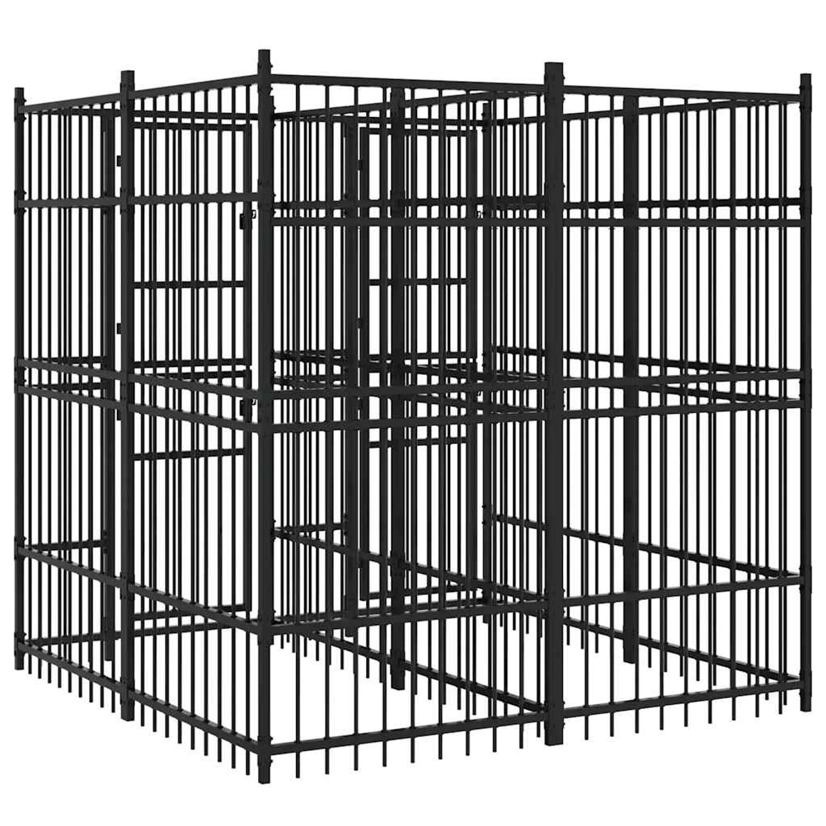 Ein schwarzer Metallkäfig mit vertikalen Stangen und horizontalen Streben, der ein quadratisches Gehege bildet.