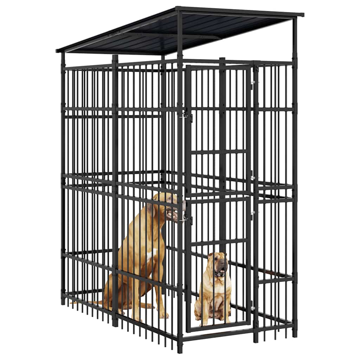 Zwei Hunde, ein großer brauner, ein kleinerer heller, sitzen in einem hohen schwarzen Metallhundezwinger mit Dach.