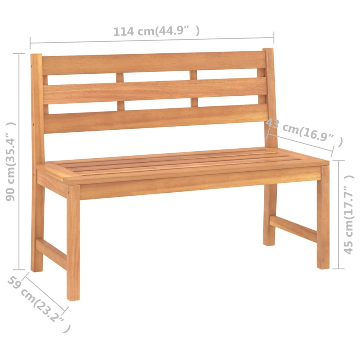 Holz-Gartenbank mit angegebenen Maßen. Gesamthöhe 90 cm, Breite 114 cm.