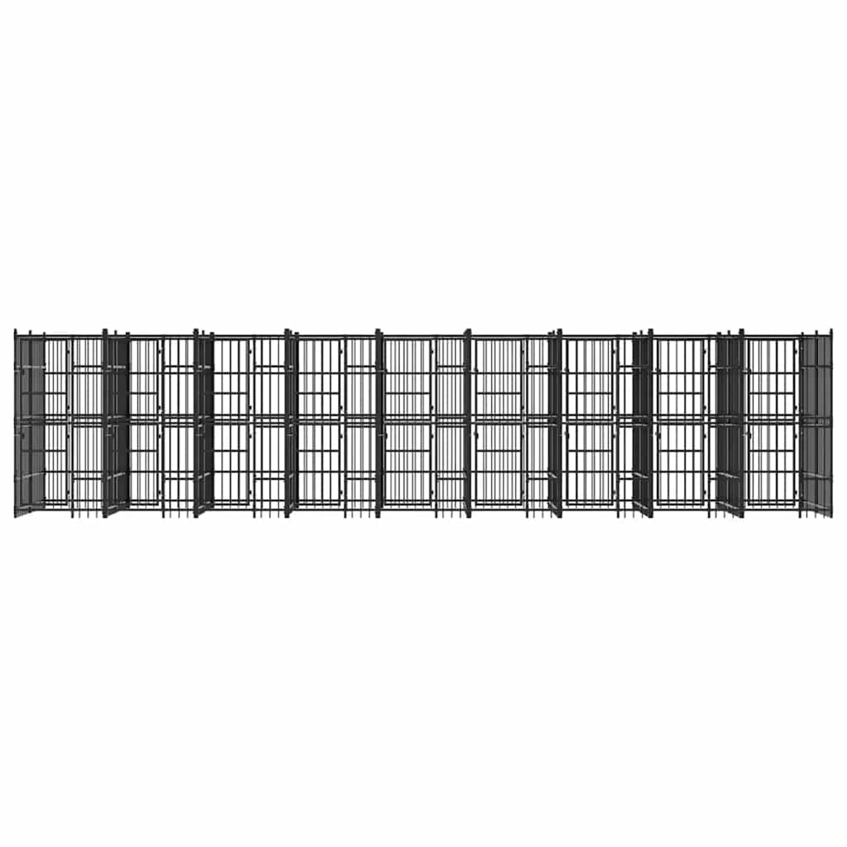 Ein langer, schwarzer, rechteckiger Käfig mit vielen Türen und Gittern.