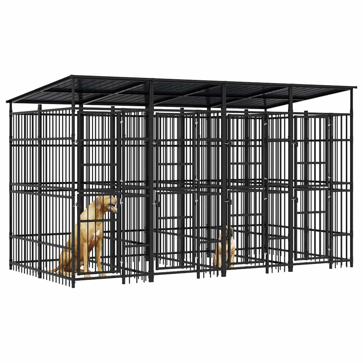 Schwarzer Metall-Hundezwinger mit Dach. Zwei Hunde sind in getrennten Gehegen.