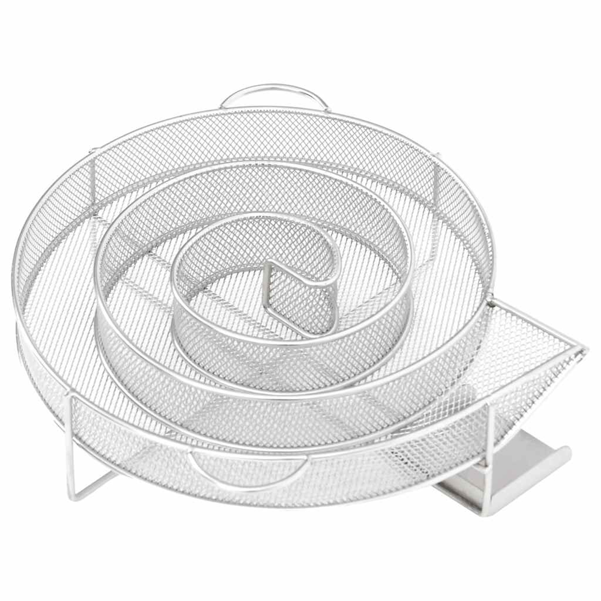 Spiralenförmiger Räucherkorb aus silbernem Drahtgeflecht mit Griffen.