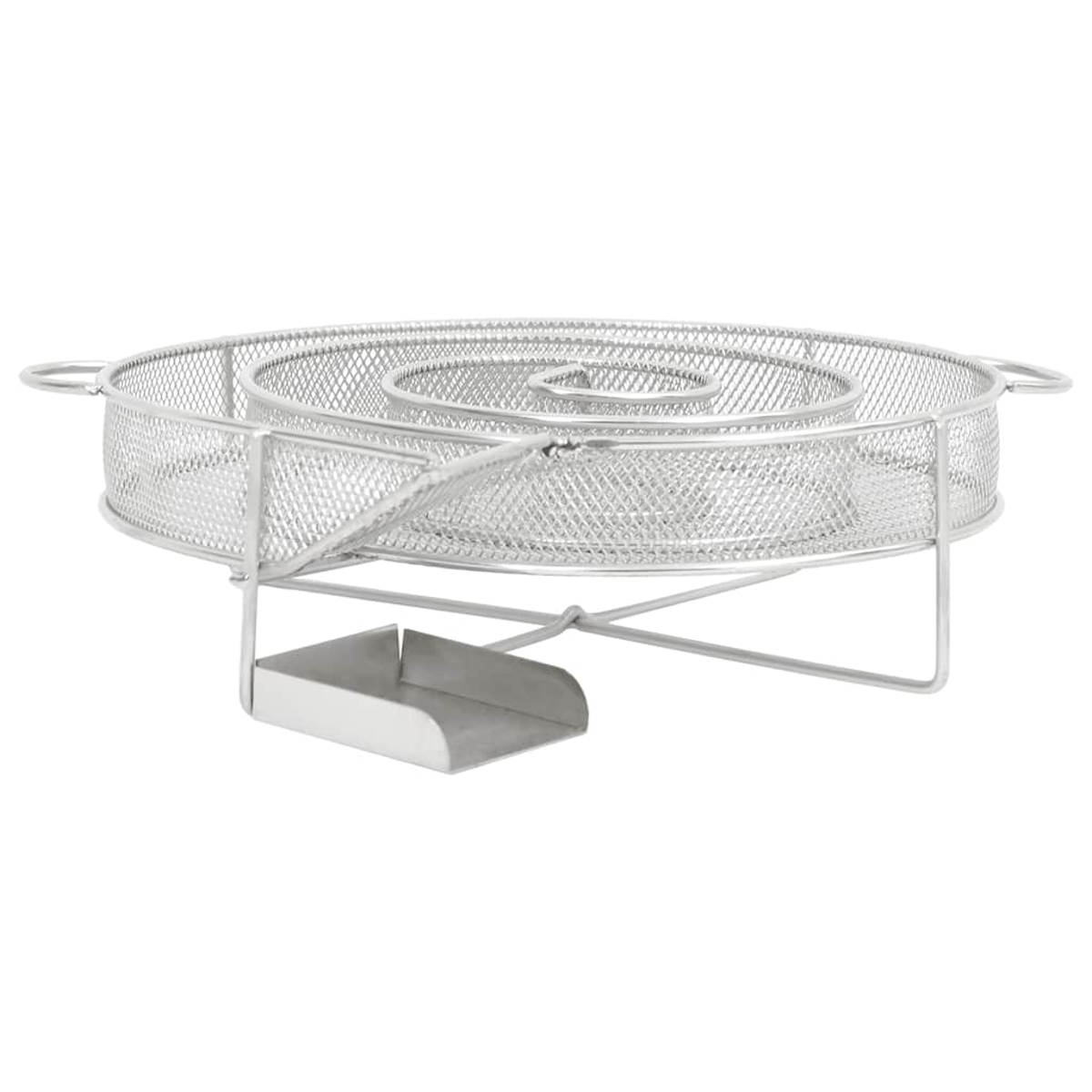 Silberner Spiralrauchgenerator für Grills mit Halterung und Ascheschale.