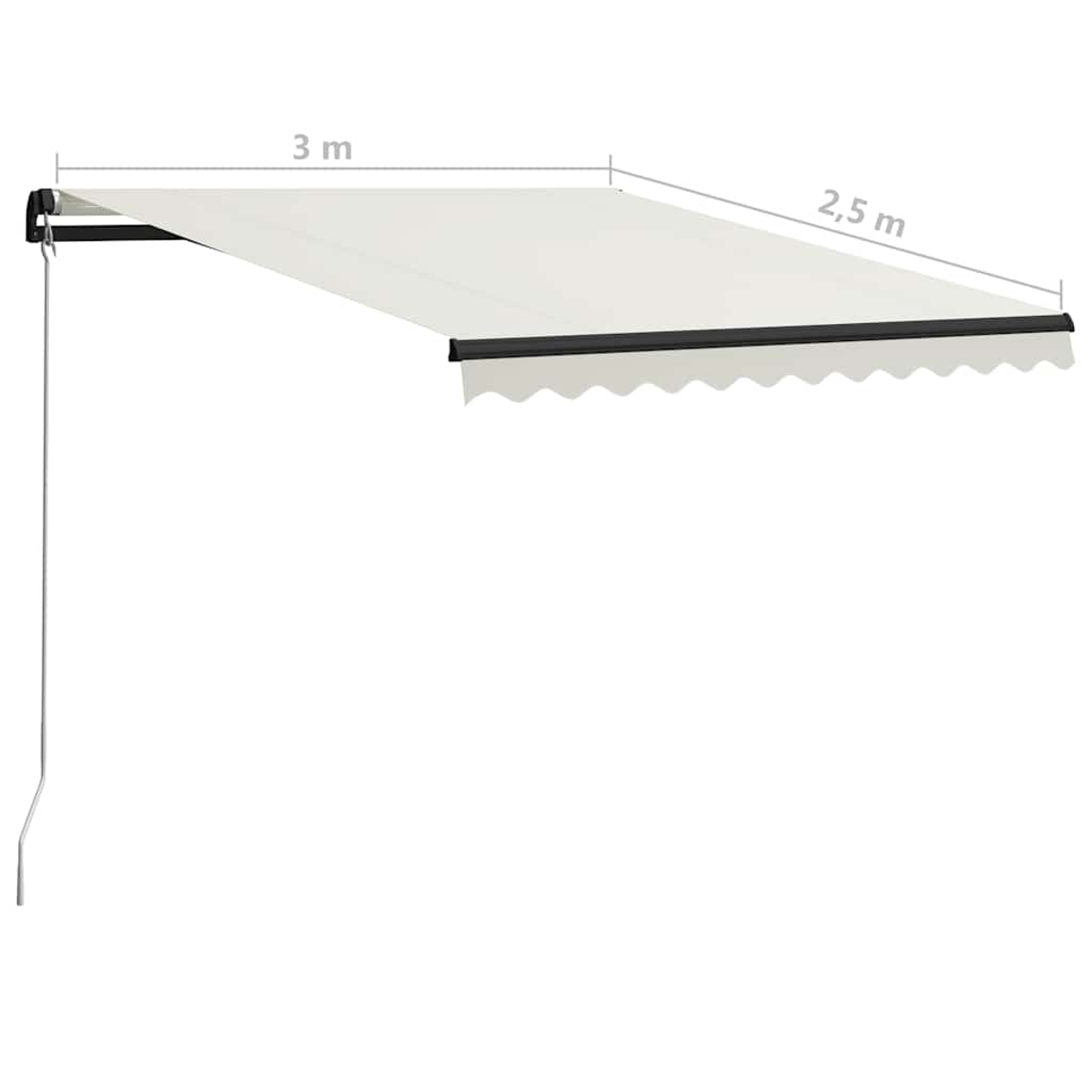 Ein cremefarbener Sonnenschutz mit 3 m Breite und 2,5 m Ausladung.