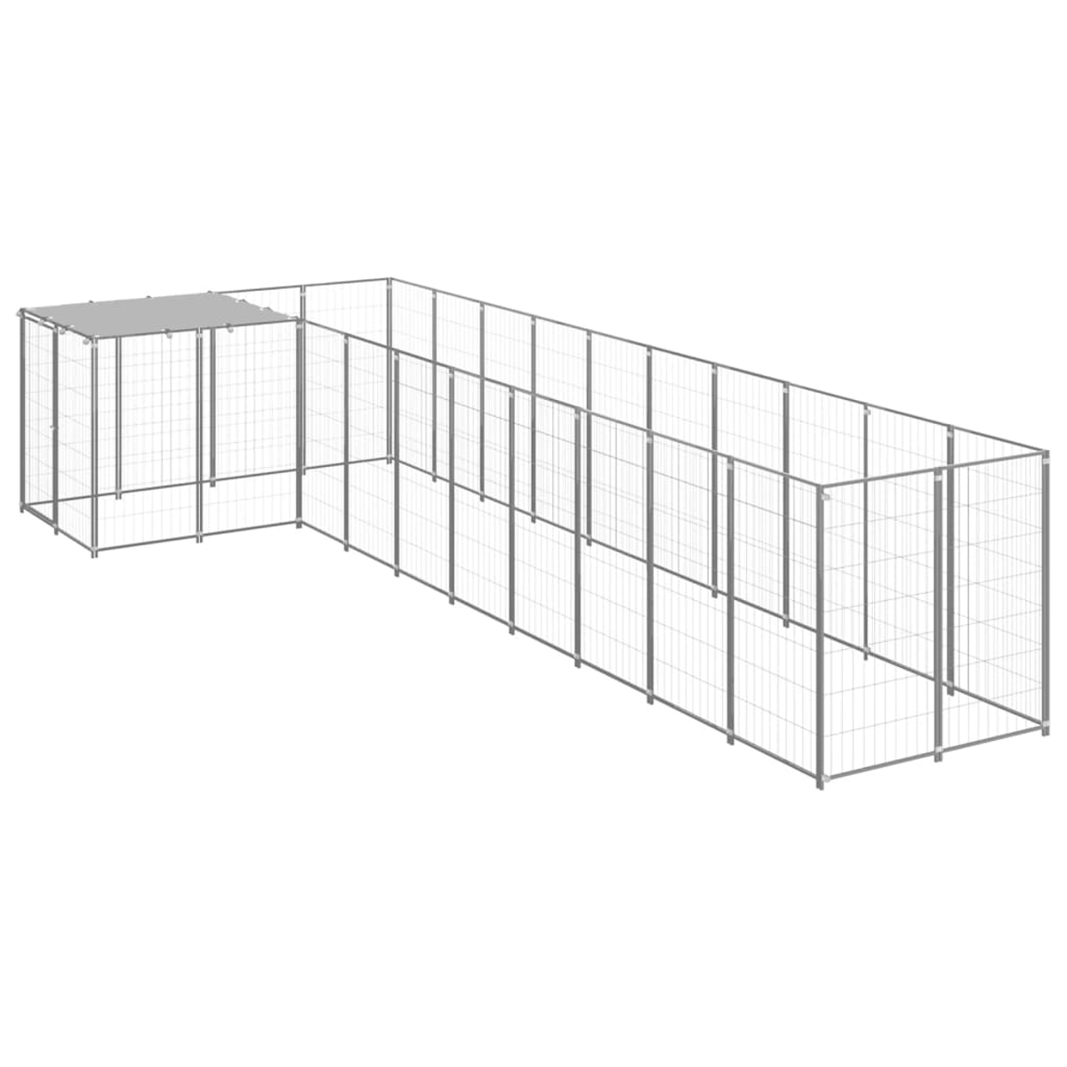 Ein großer, rechteckiger Zwinger mit einem überdachten Bereich, aus Metallgittern.