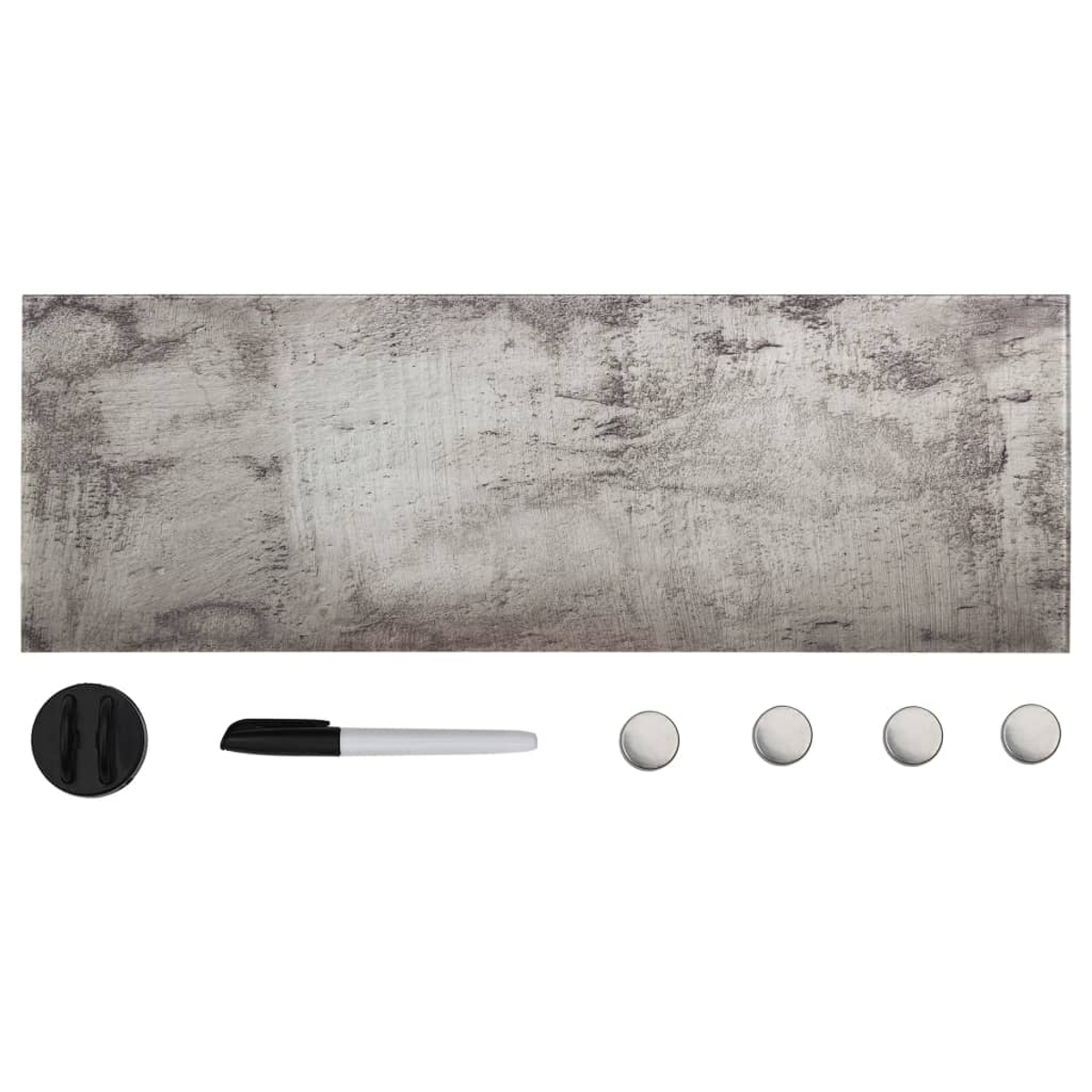 Graue Tafel mit Stifthalter, Marker und vier Magneten.