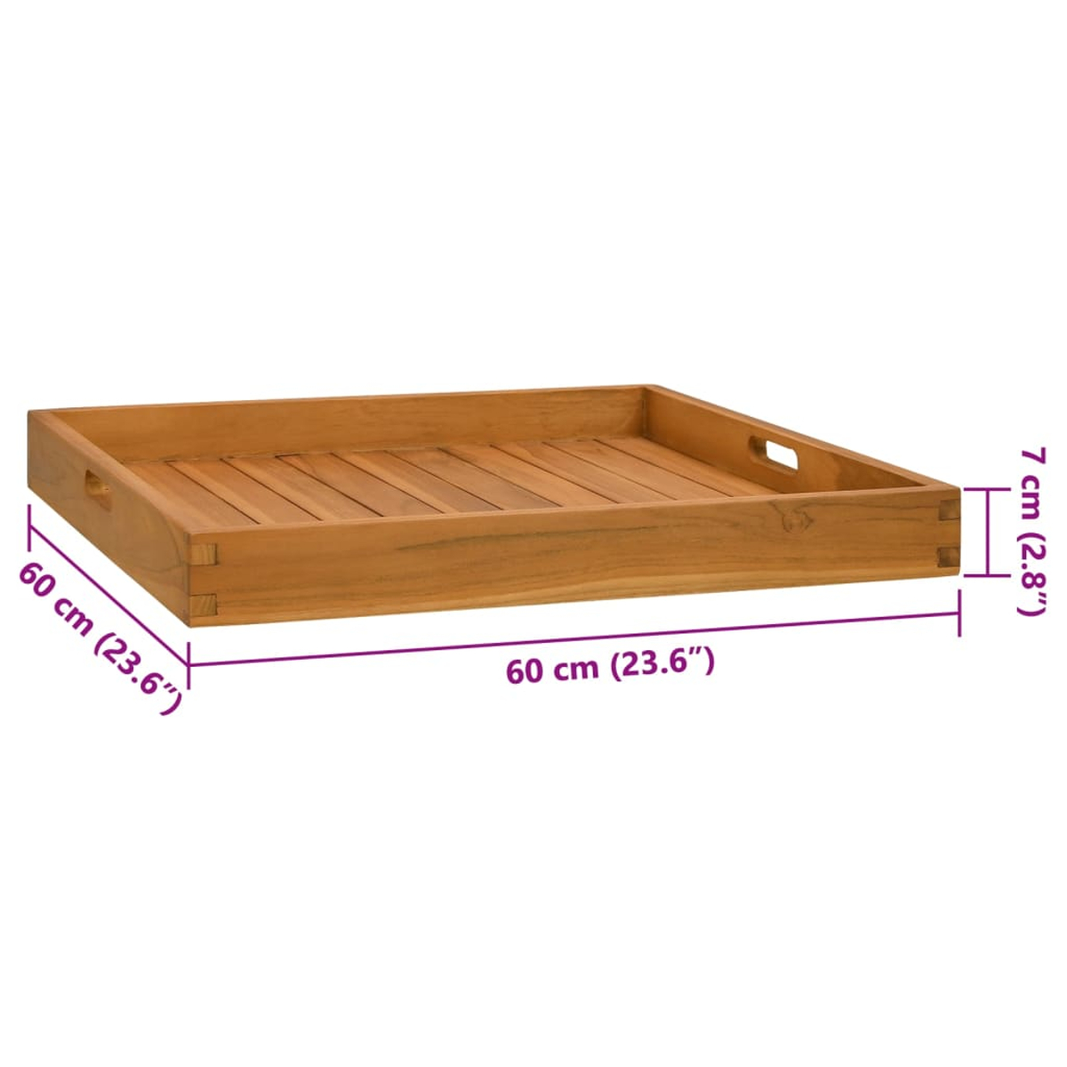 Braune Holztablett mit Griffen, 60x60x7 cm.