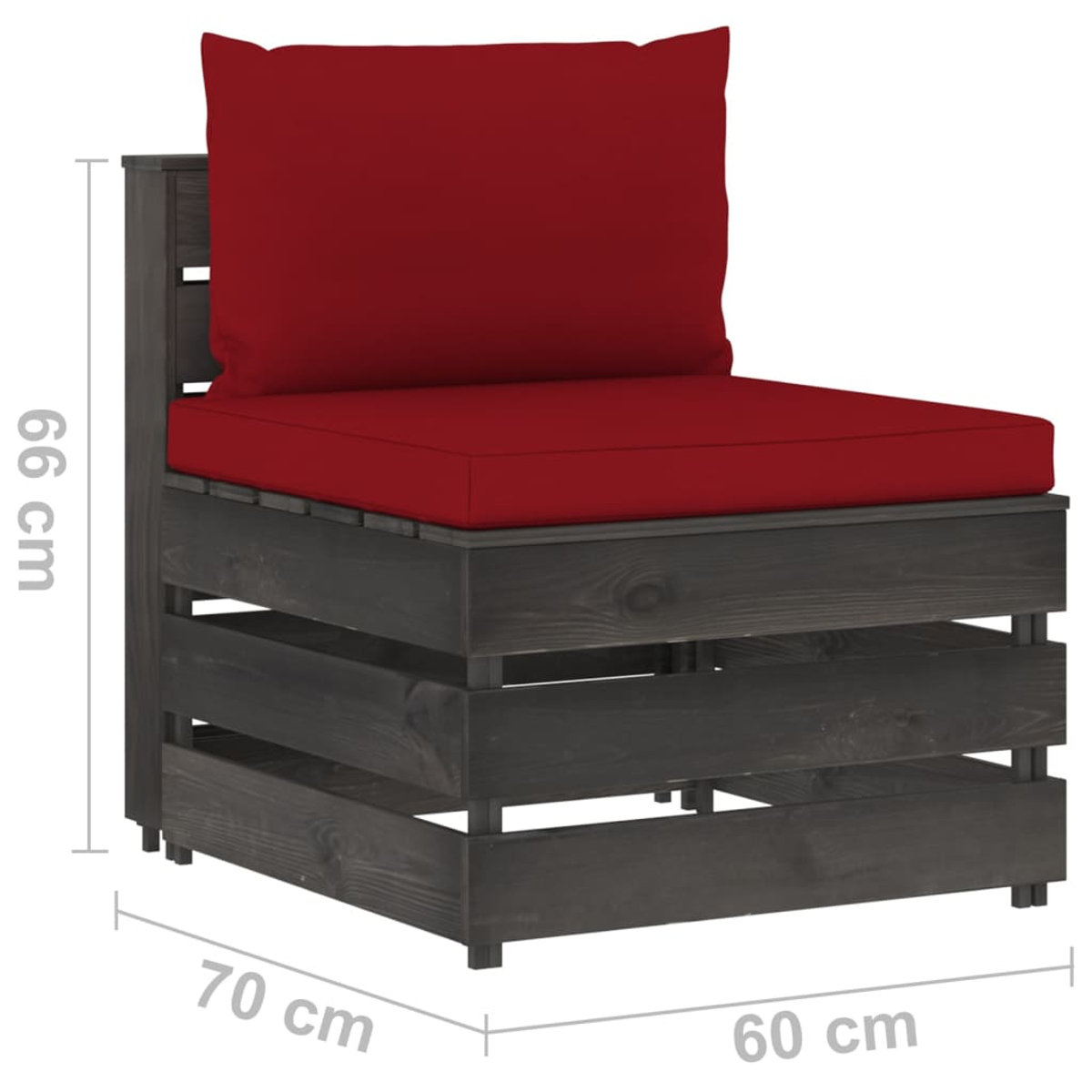 Grauer Holzpaletten-Eckstuhl mit roten Kissen, 66x70x60cm.
