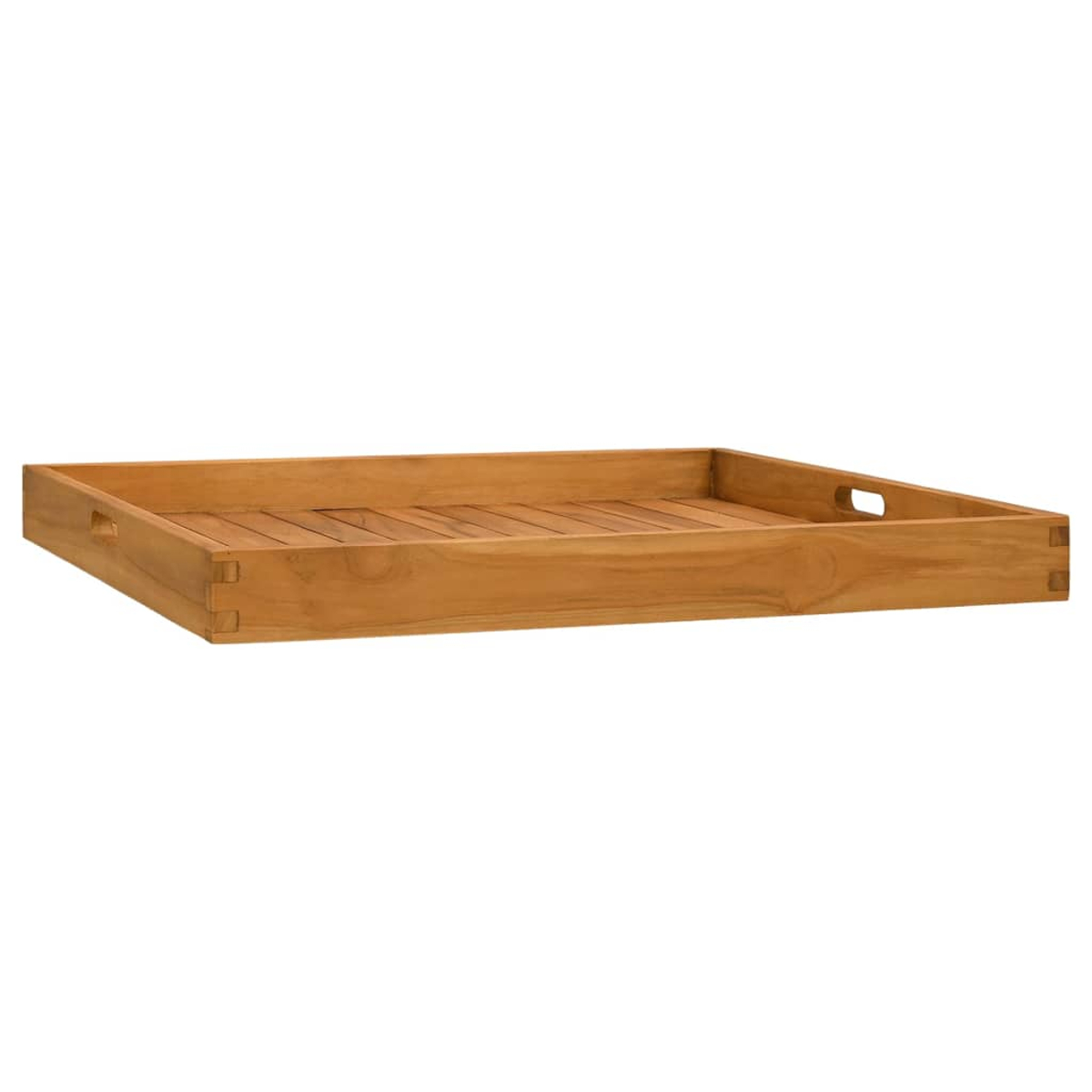 Ein hölzerner Serviertablett mit Griffen, aus Lamellen, von der Seite gezeigt.
