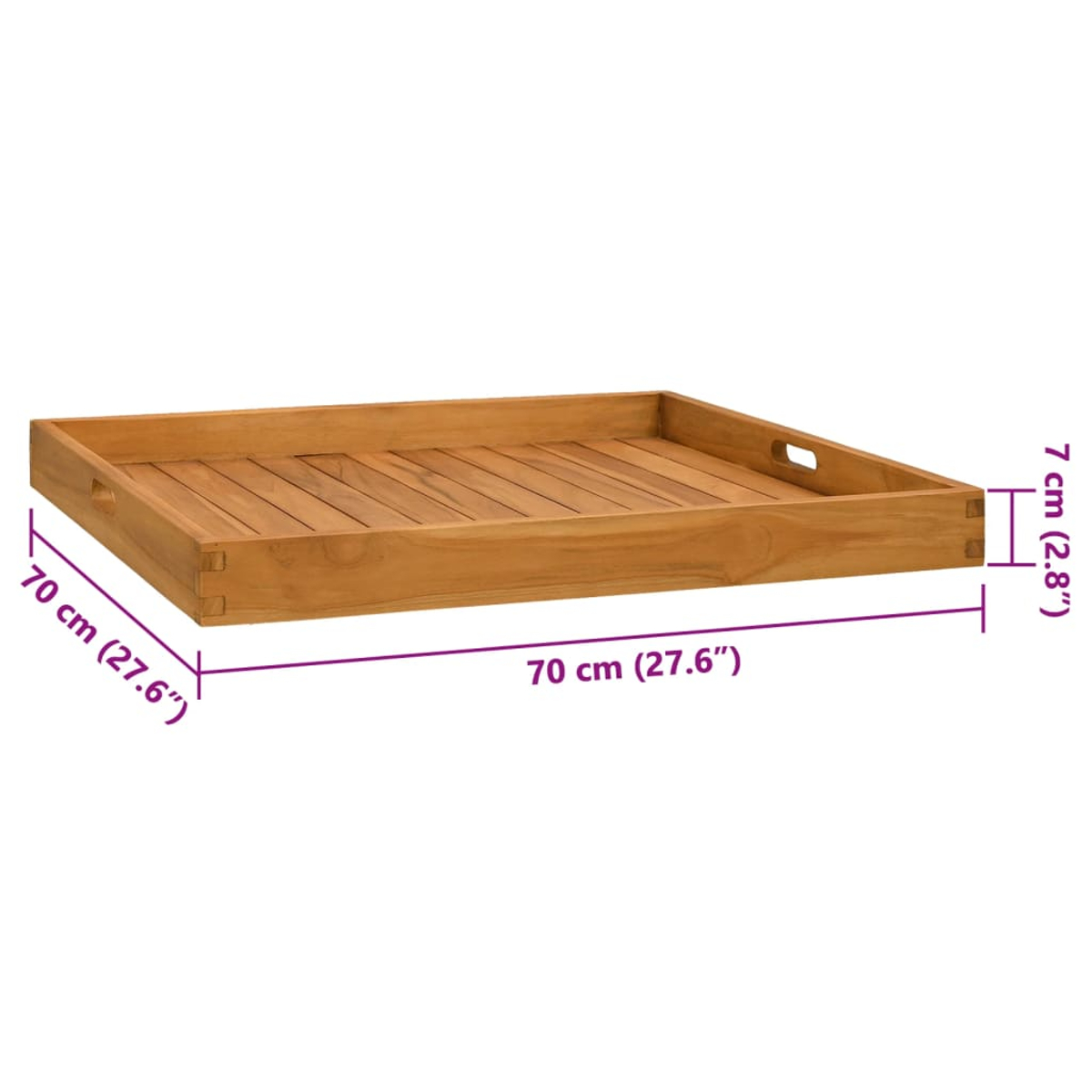 Ein rechteckiges Holztablett mit Griffen an den Seiten. Maße 70x70x7cm.