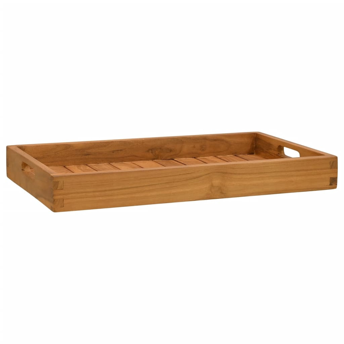Holztablett mit Griffen und Lamellenboden.