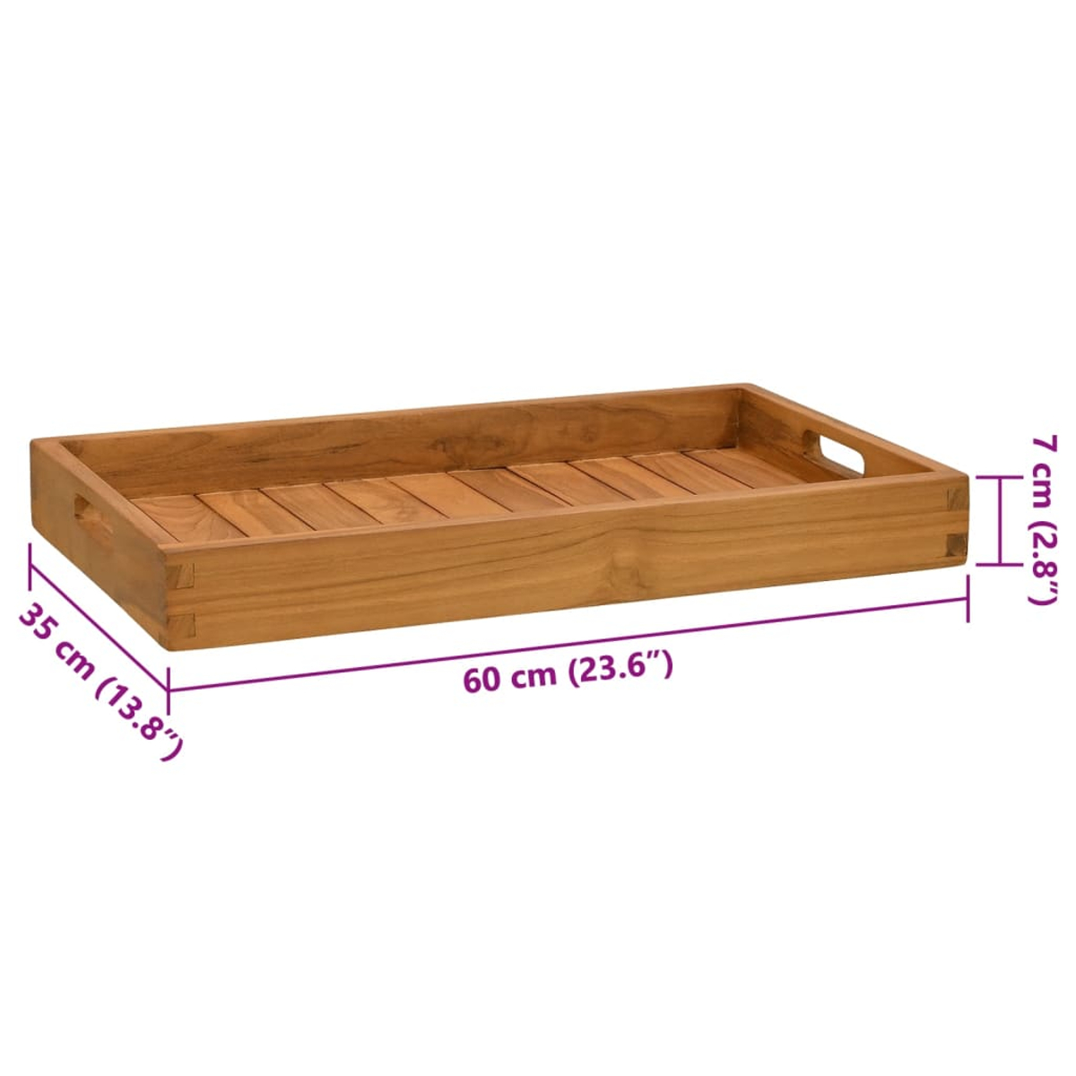 Ein rechteckiges Tablett aus Holz mit Griffen an beiden kurzen Seiten.