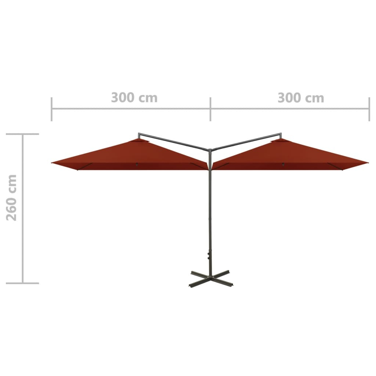 Doppelter Sonnenschirm aus dunkelrotem Stoff mit Metallständer, 600cm breit, 260cm hoch.