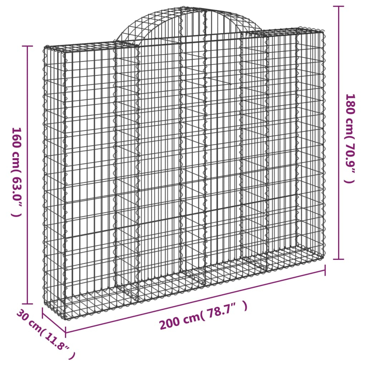Ein rechteckiger Drahtkorb mit abgerundetem oberen Teil, Maße 200x30x180cm.
