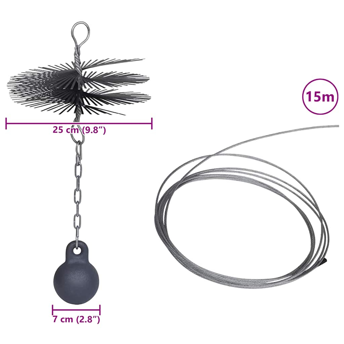 Rohrbürste mit Kette und Gewicht, 25 cm breit, daneben 15m Seil.