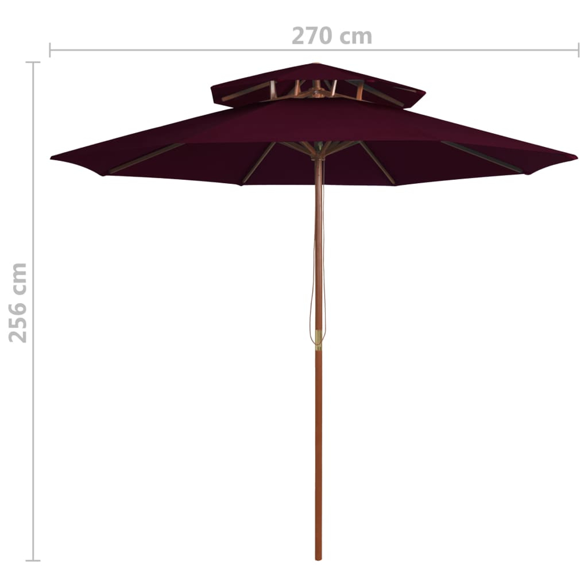 Ein zweistufiger, dunkelroter Sonnenschirm mit Holzständer. Maße: 270x256 cm.