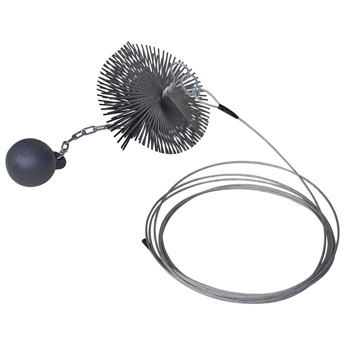 Ein Kaminbürstenkopf mit Kugelgewicht und Kabel auf weißem Hintergrund.