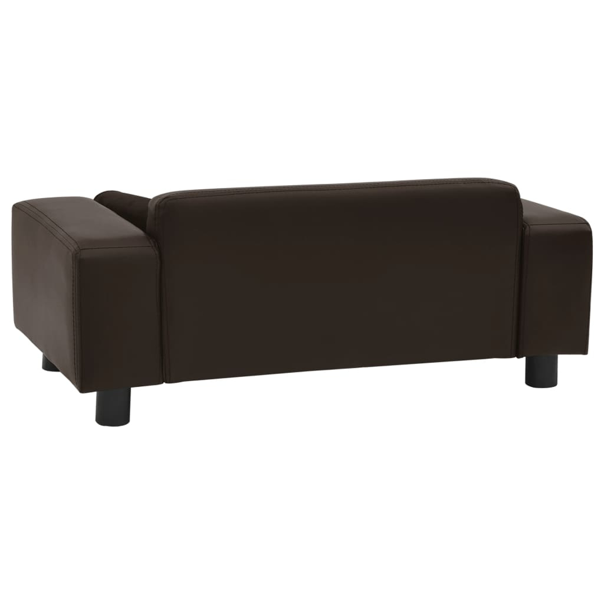Dunkelbraunes Sofa mit schwarzen Füßen, von hinten gesehen.