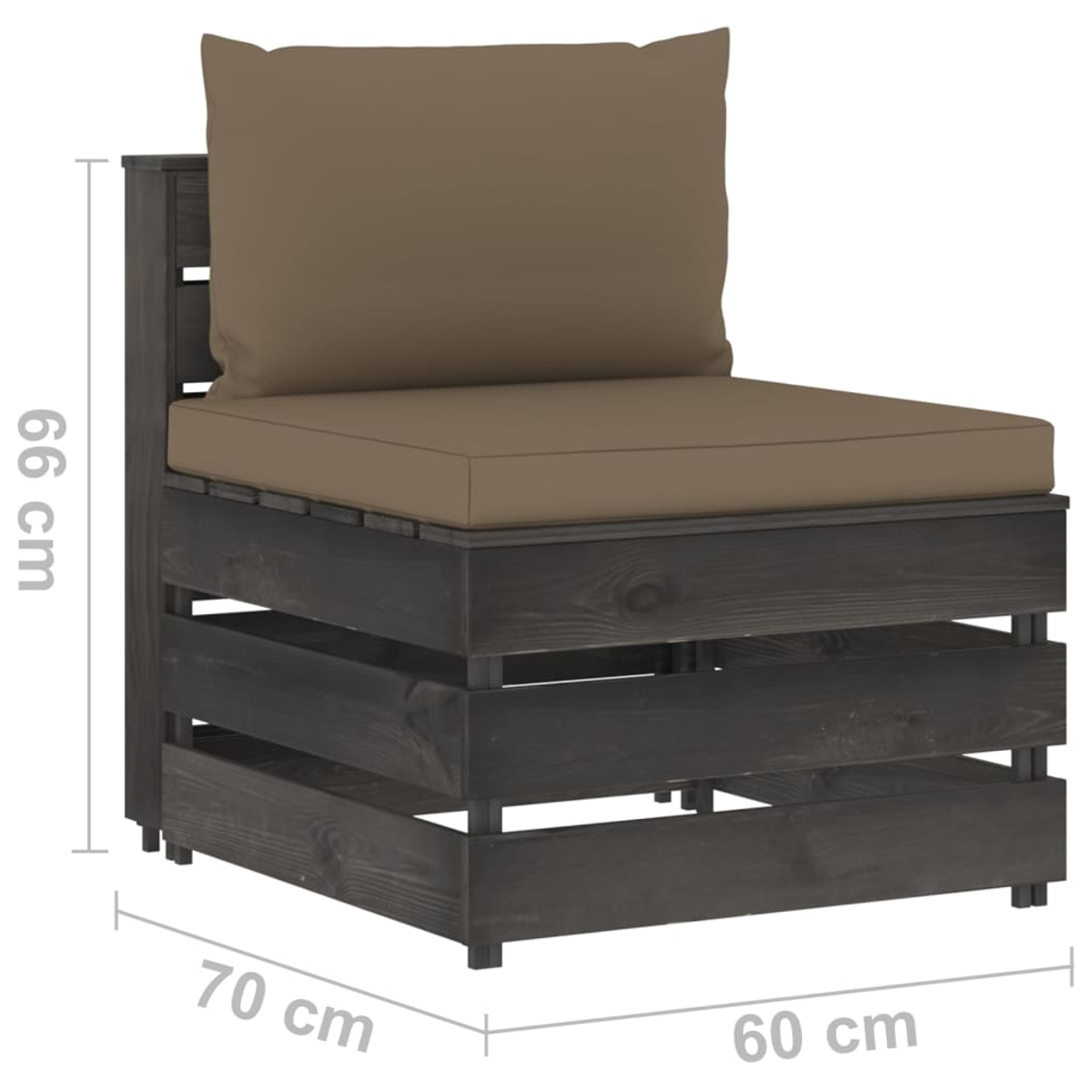 Dunkelgraues Holzsofa mit braunen Kissen. Maße: 66x70x60cm.
