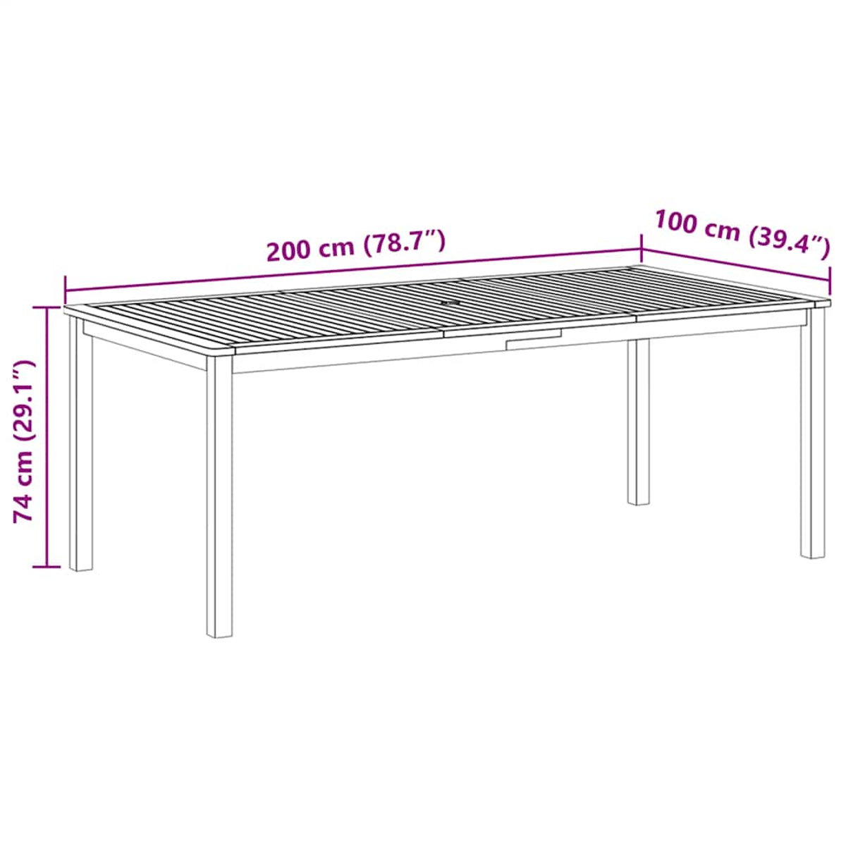 Eine Skizze eines lamellierten Gartentisches, 200 cm lang, 100 cm breit, 74 cm hoch.