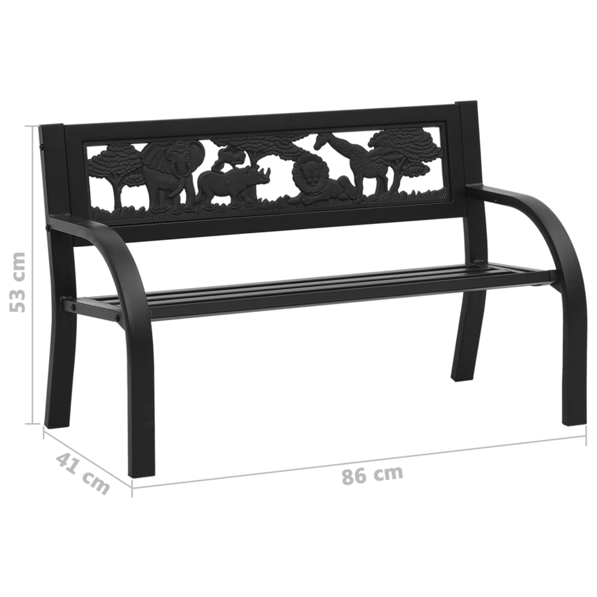 Schwarze Gartenbank mit Tierreliefs und Maßangaben.