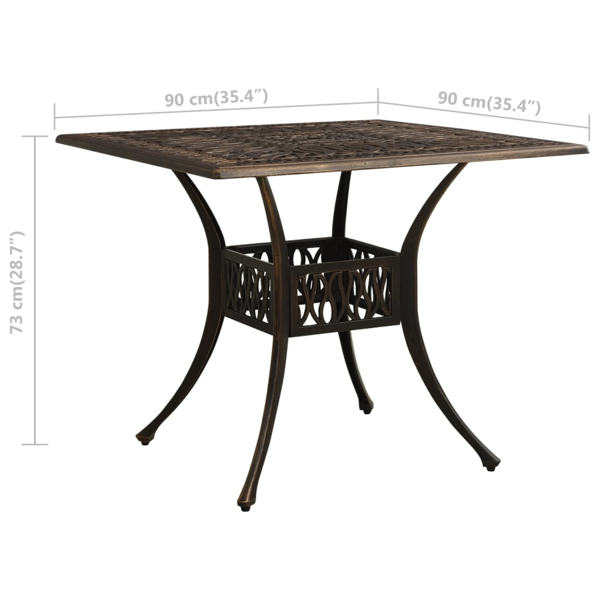 Bronzetisch, 90x90x73cm, mit verschnörkeltem Muster und vier Beinen.
