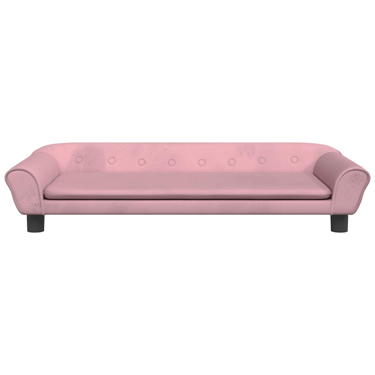 Ein rosafarbener, gepolsterter Sofa mit Knopfheftung und schwarzen Füßen.