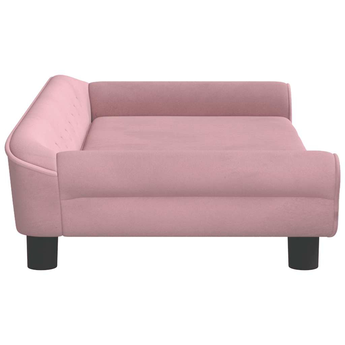 Ein rosafarbener Hundesofa mit schwarzen Beinen im Seitenprofil.
