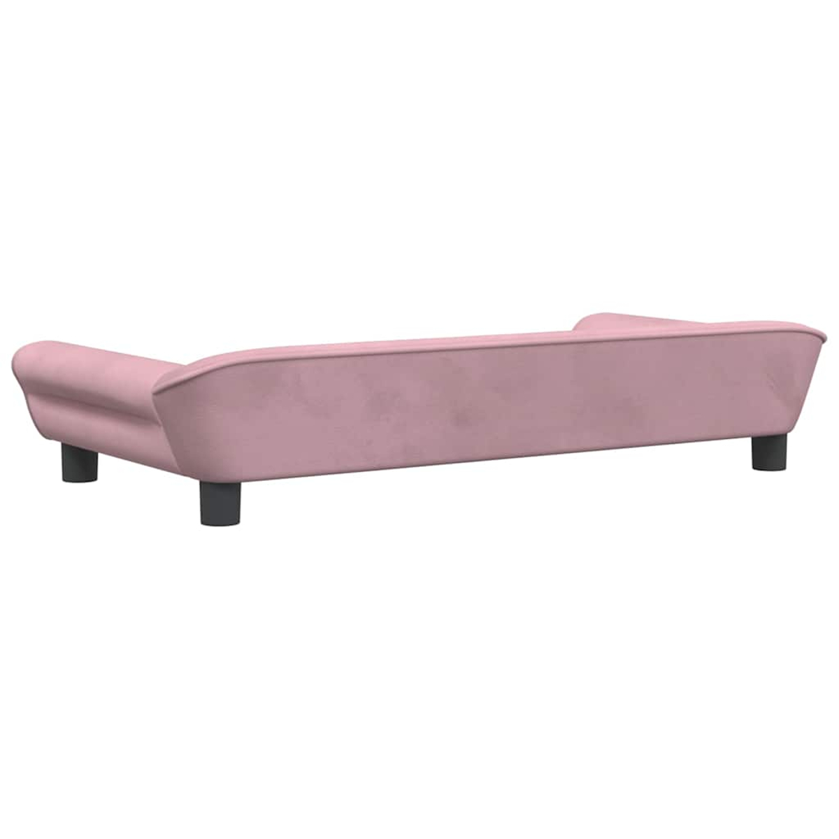Ein rosafarbener Samt-Sofa mit vier schwarzen Beinen, von der Seite gesehen.