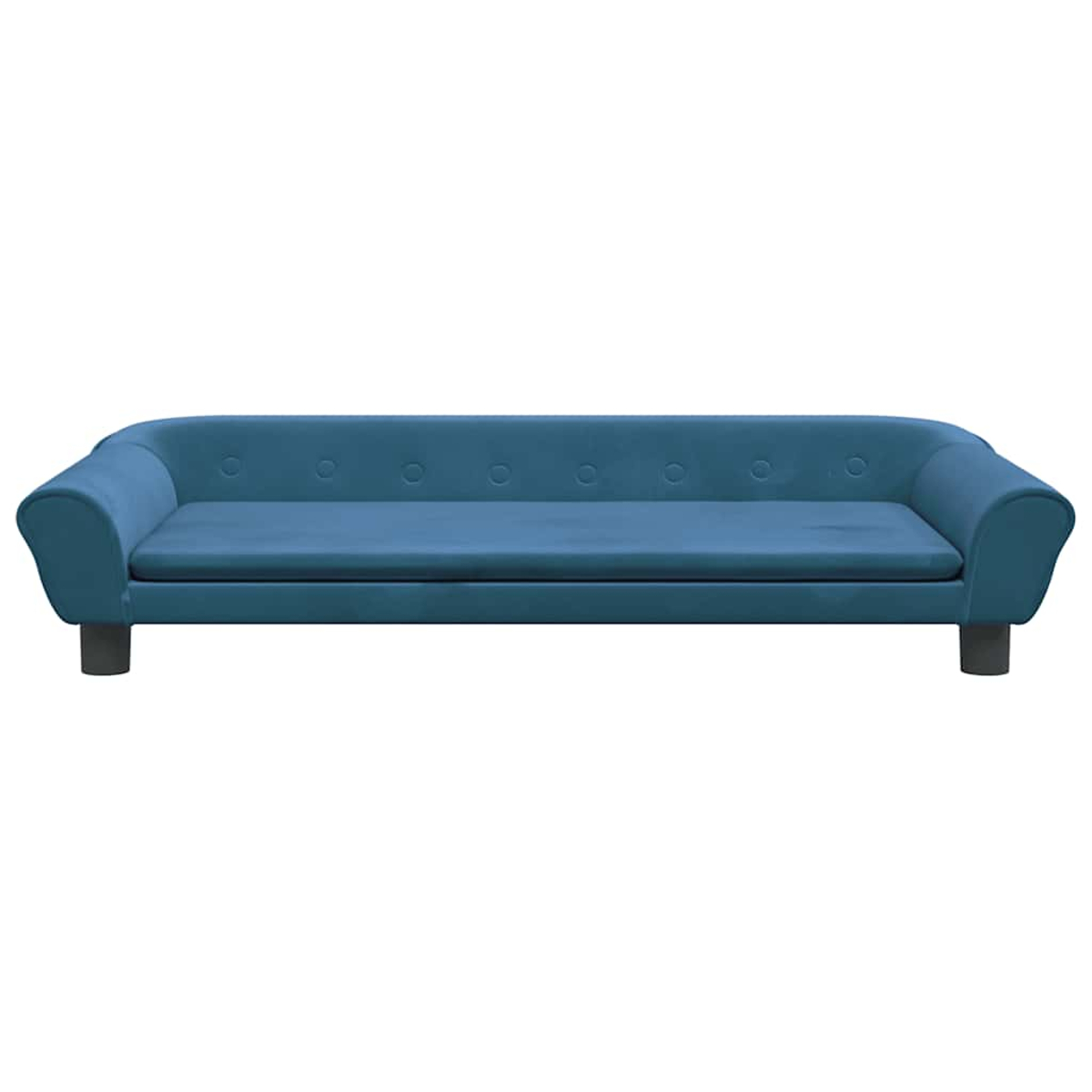 Ein blauer Sofa mit runden Knöpfen und dunklen Beinen.