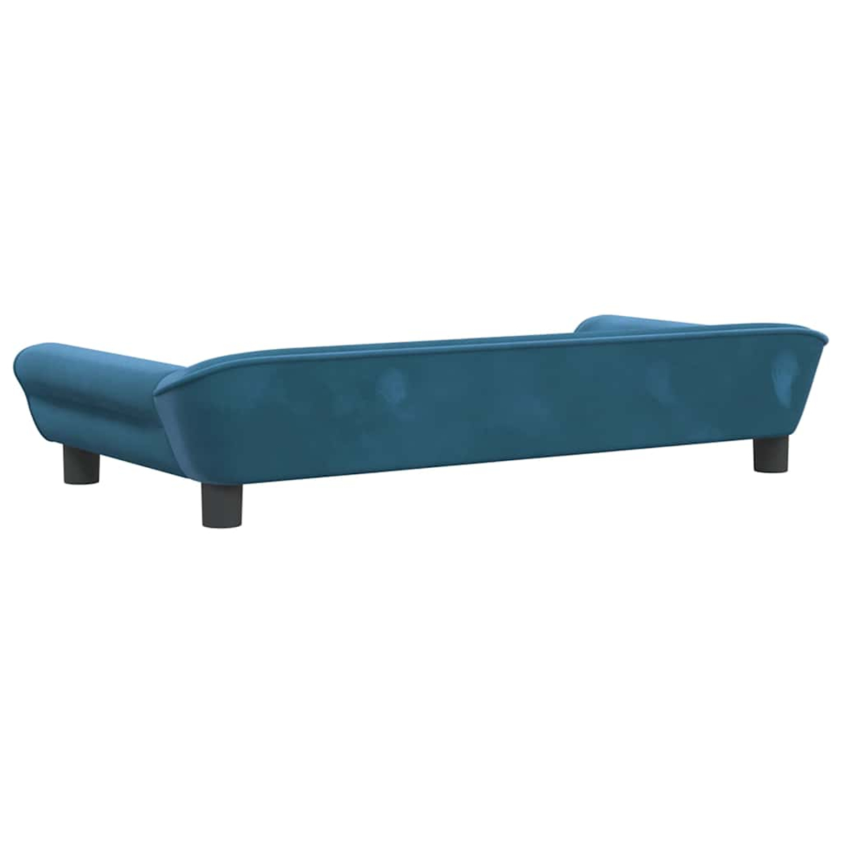 Ein blauer Samt-Sofa mit vier dunklen Beinen, von der Seite gesehen.
