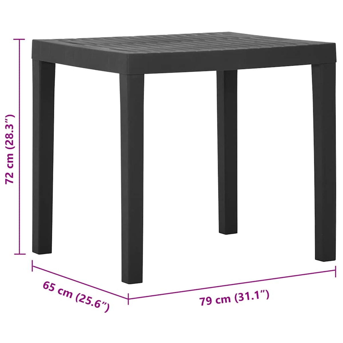 Ein schwarzer Tisch mit vier Beinen, Maße 72x65x79 cm.