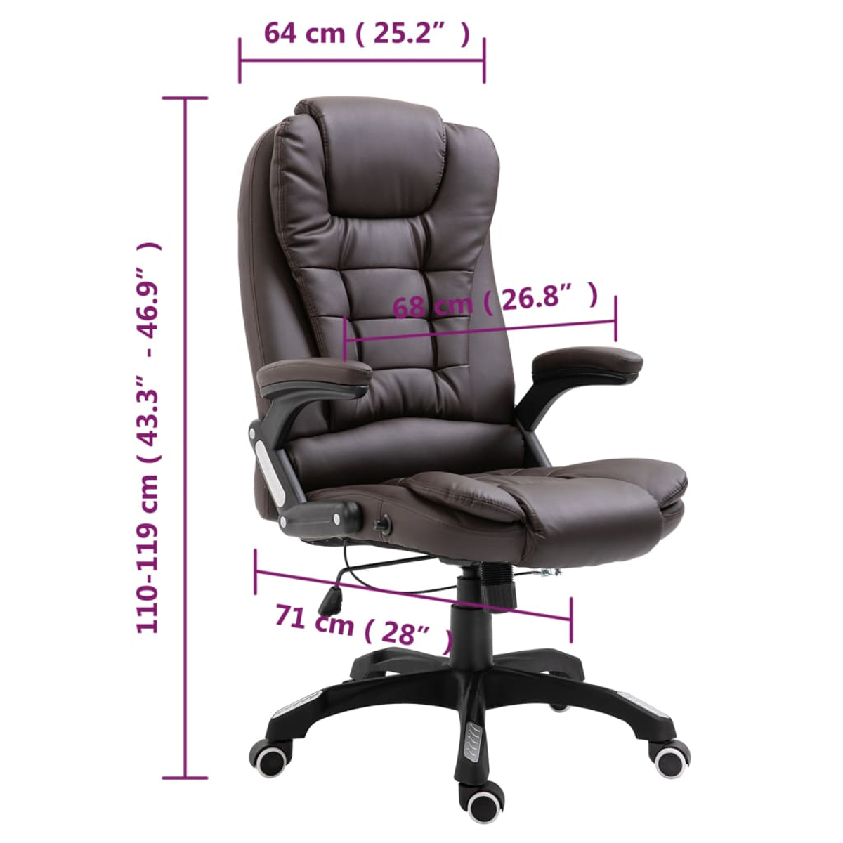 Brauner Bürostuhl mit Maßen: H 110-119 cm, B 64 cm, T 71 cm.