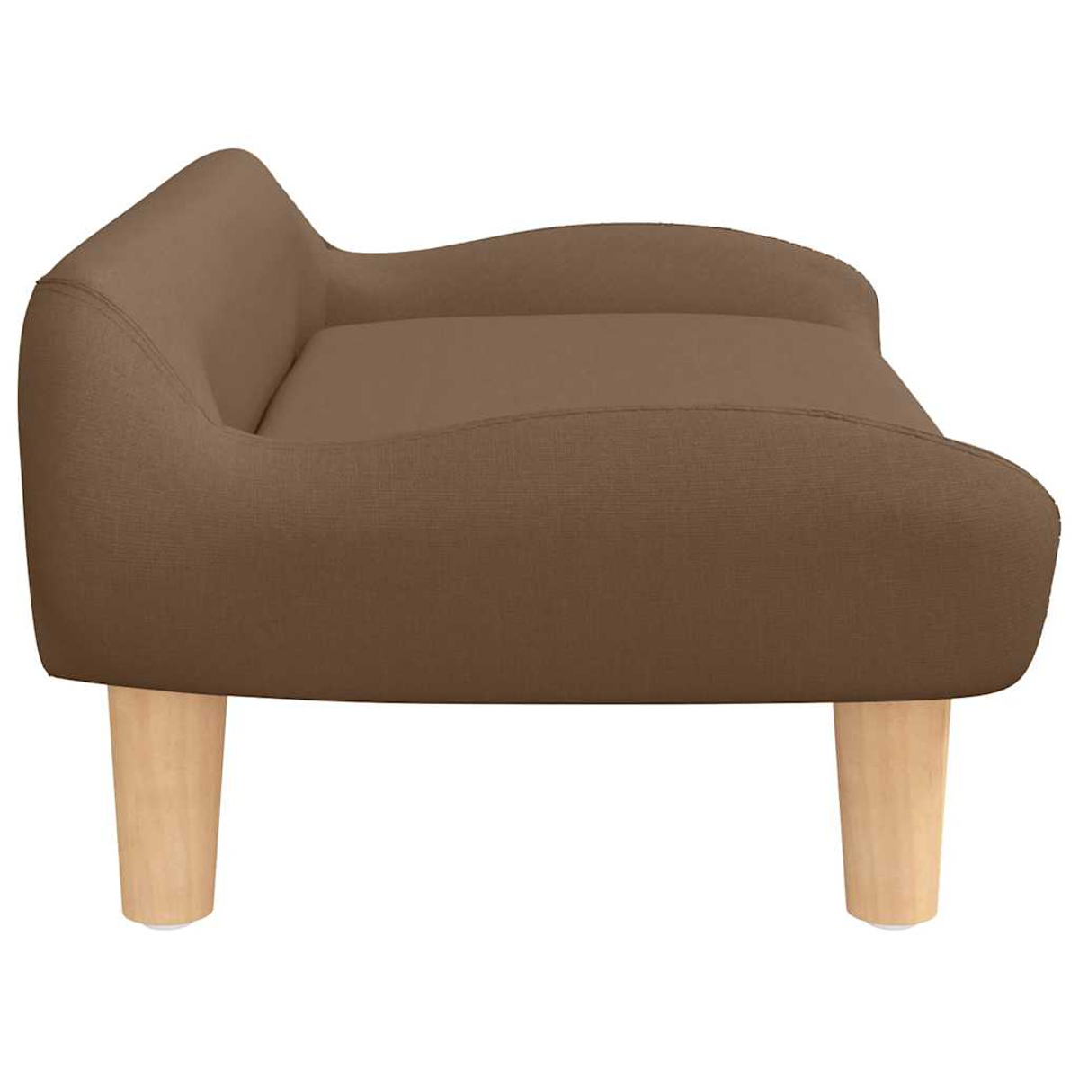 Ein brauner Stoff-Sofa mit vier Holzbeinen auf weißem Hintergrund.