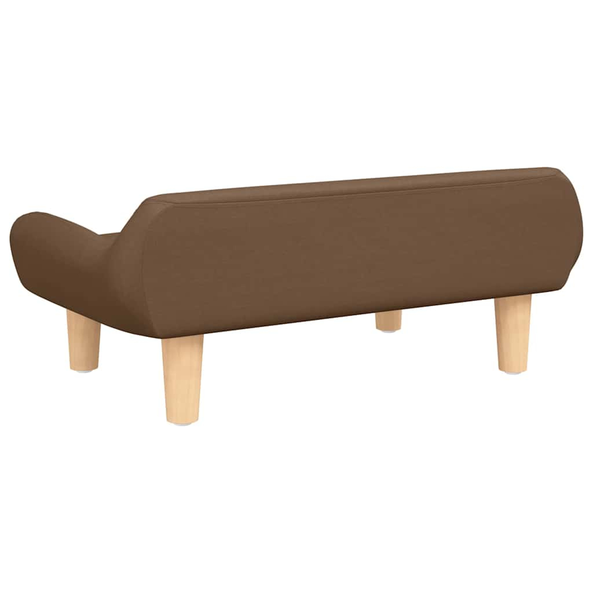 Ein braunes Sofa mit vier Holzbeinen, von hinten gesehen.