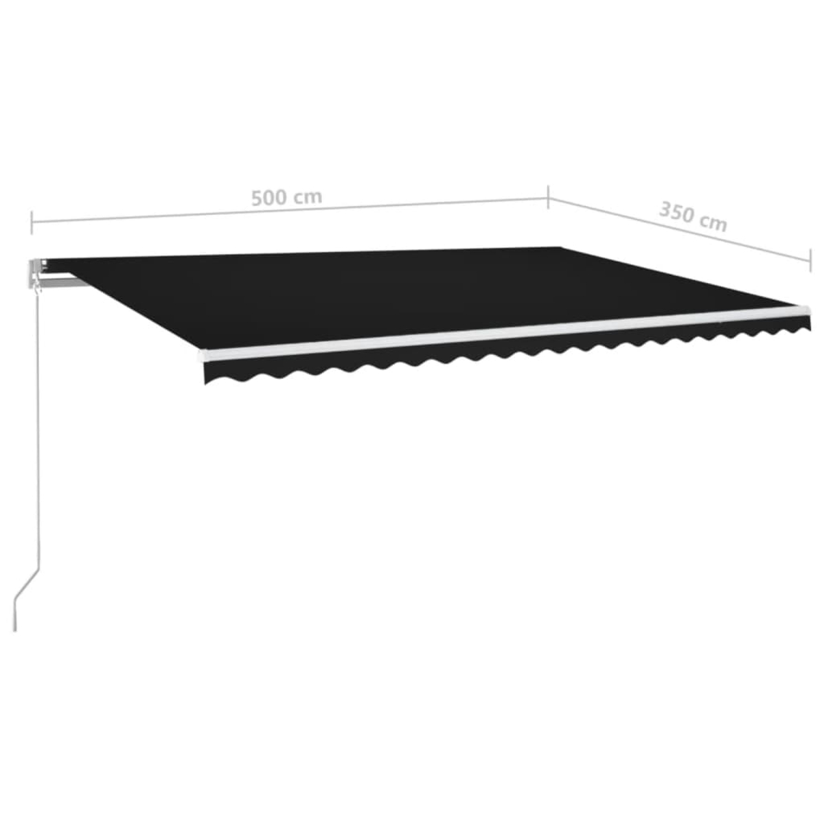 Schwarzes Markisendach mit Wellensaum, 500 cm breit, 350 cm Ausladung.