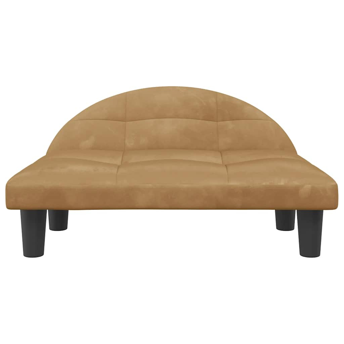 Ein braunes Schlafsofa mit gestepptem Rückenteil und vier schwarzen Beinen.