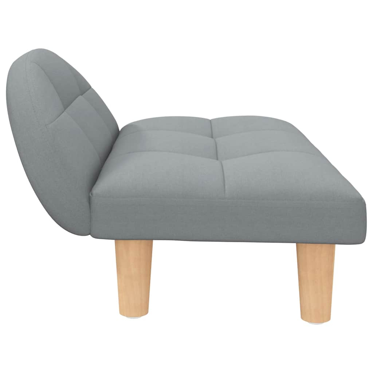 Ein grauer Schlafsofa mit gesteppter Sitzfläche und runder Rückenlehne auf Holzfüßen.