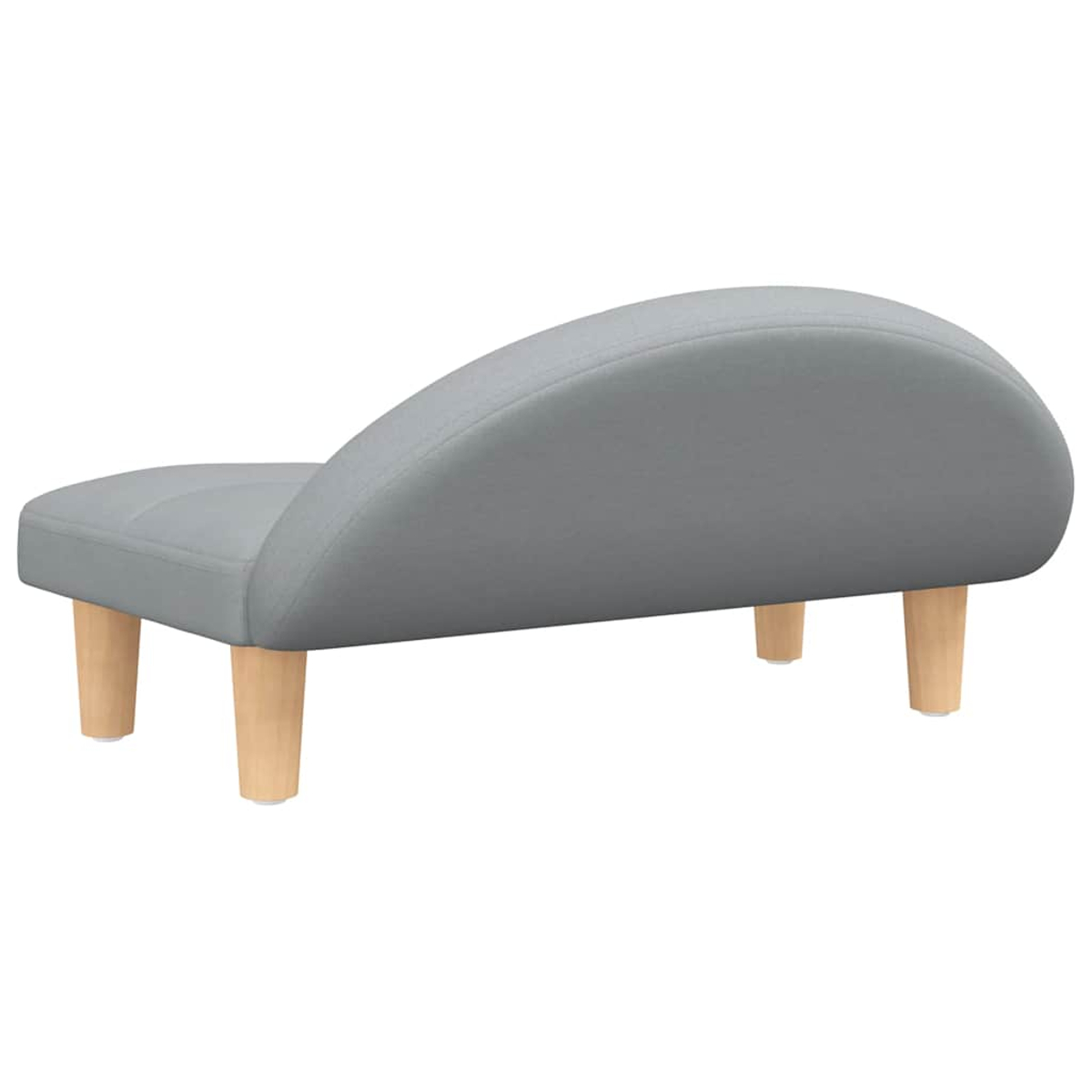 Ein grauer Hocker mit vier Holzbeinen und einem geschwungenen Rückenteil.