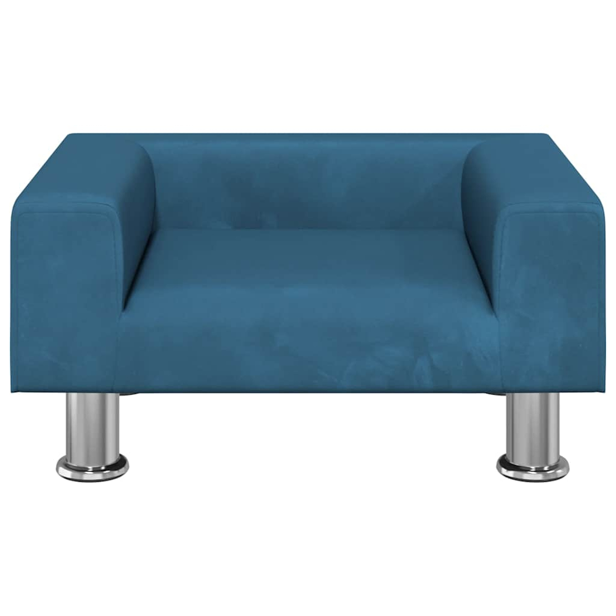 Ein blauer Sessel mit Metallfüßen.