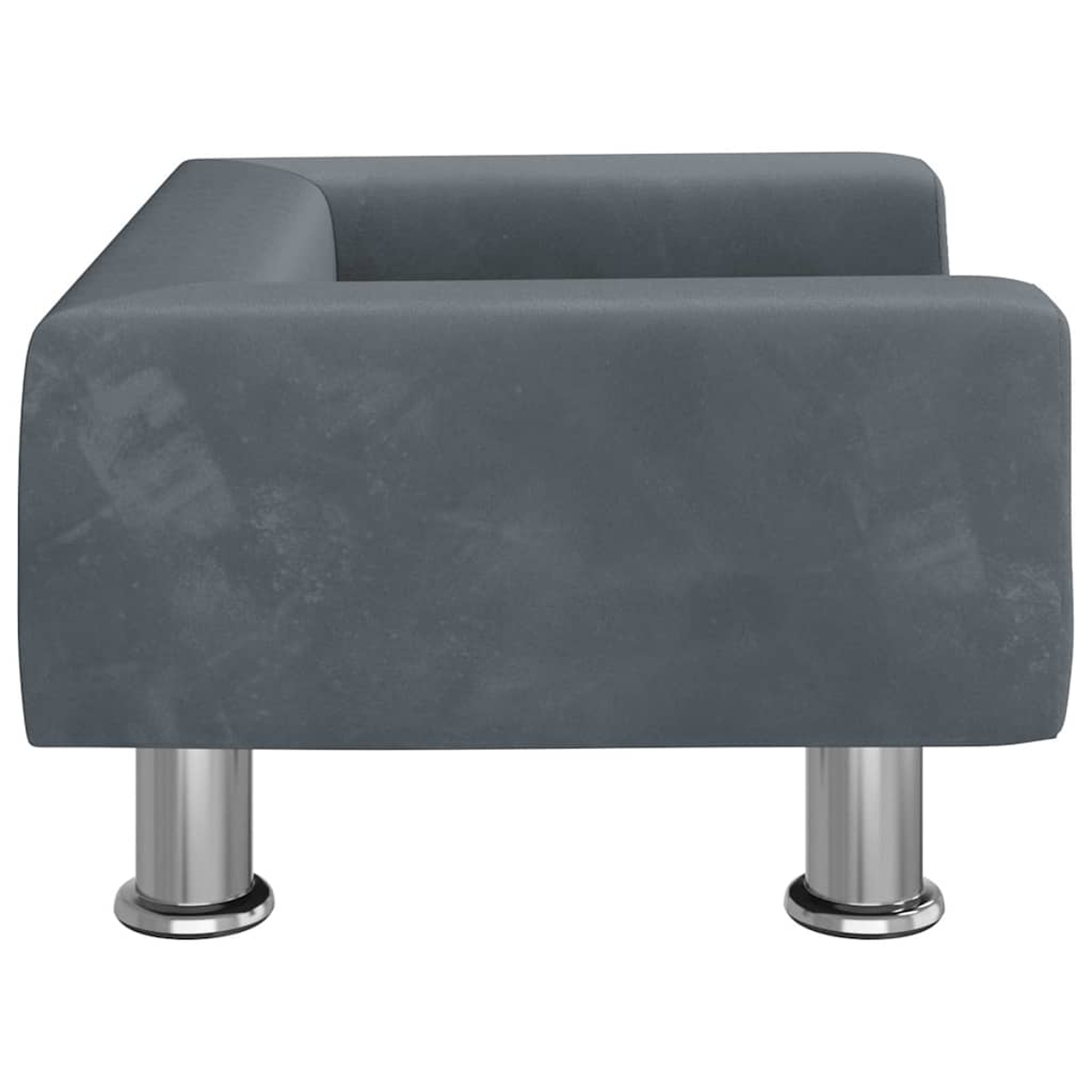 Grauer Ecksofa-Sessel auf silbernen Metallfüßen.